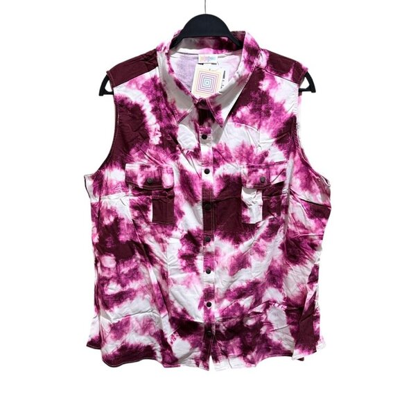 LuLaRoe Size 3XL Roxanne Pink Tie Dye Sleeveless Snap Front Collared Shirt - NWT - Picture 1 of 9